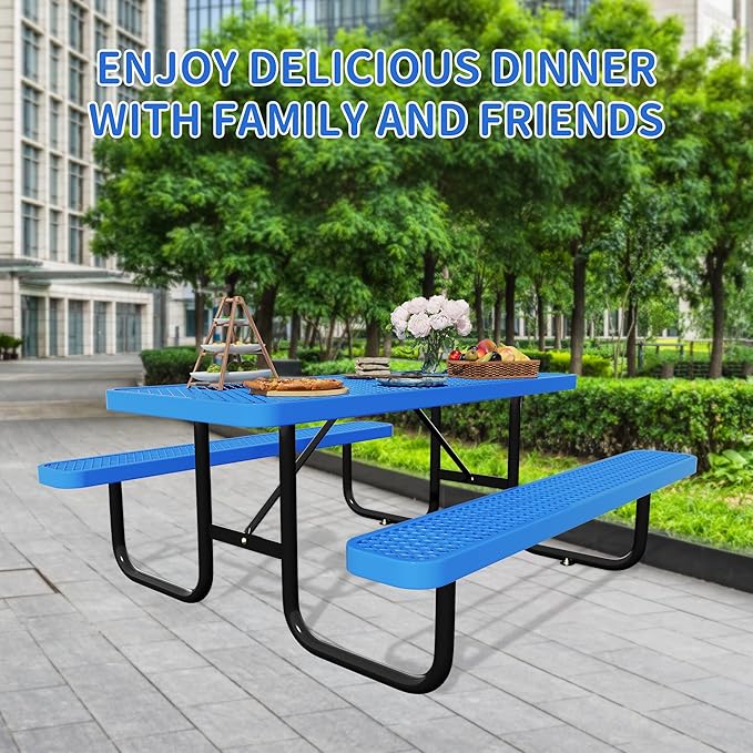 6FT Picnic Tables for Outdoors, Rectangular Commercial Metal Picnic Table Bench Set with Umbrella Hole,Heavy Duty Steel Weather-Resistant Dining Table for Patio Dining Garden Backyard BBQ School