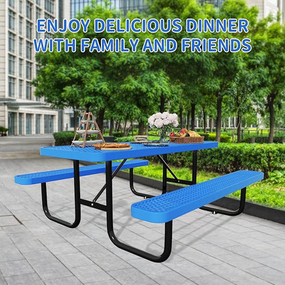 6FT Picnic Tables for Outdoors, Rectangular Commercial Metal Picnic Table Bench Set with Umbrella Hole,Heavy Duty Steel Weather-Resistant Dining Table for Patio Dining Garden Backyard BBQ School