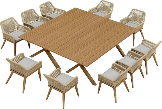 PURPLE LEAF Outdoor Dining Set All-Weather PE Rattan Outdoor Patio Furniture Set with All Aluminum Frame Rectangular Table and Chairs 12 Pieces Set for Lawn Garden Backyard Deck, Teak