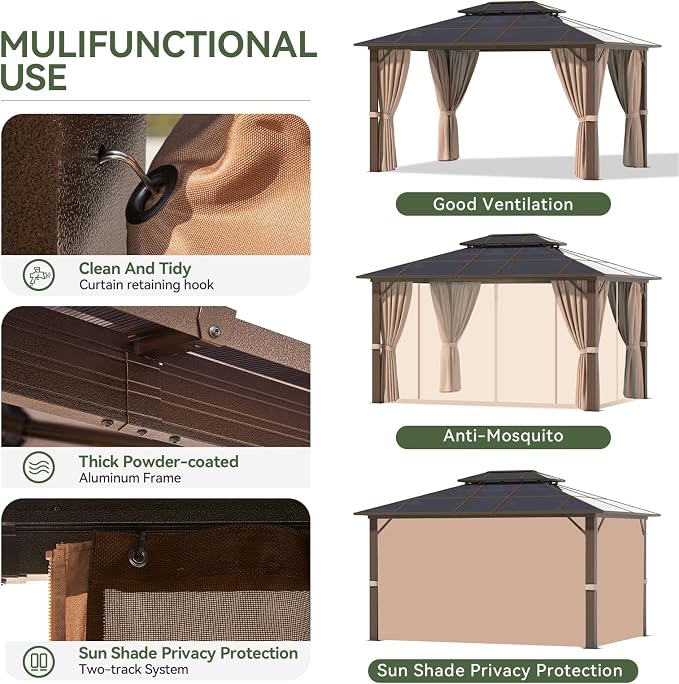 Aoxun 12'x10' Gazebo with Polycarbonate Double Roof, Light Brown | Metal Frame - Image 8