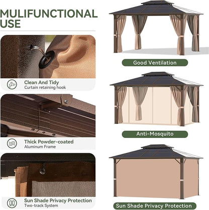 Aoxun 12'x10' Gazebo with Polycarbonate Double Roof, Light Brown | Metal Frame - Image 8