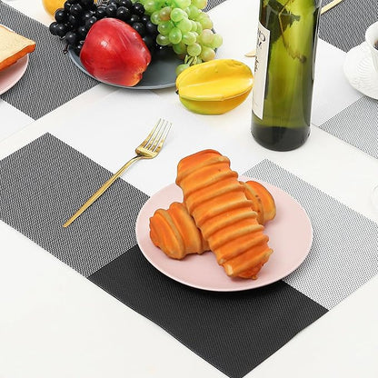 Leetaltree Gray with White Grid Pattern Placemats Set of 4 - Heat Resistant Non-Slip Place mats for Dining Table, Washable Durable PVC Vinyl Woven Table Mats（Grey Grid, 4）