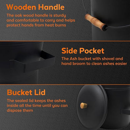 4 Gallon Ash Bucket with Lid and Shovel, Metal Fireplace Ash Bucket with Broom, Complete Fireplace Tools Set for Wood Stove and Fireplace
