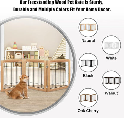 LZRS 3-Panel Freestanding Foldable Wooden Dog Gate –Solid Wood & Steel Wire Chew-Resistant Indoor Safety Pet Fence for Doorways & Stairs, Ideal for Small to Medium Dogs & Puppies, Natural