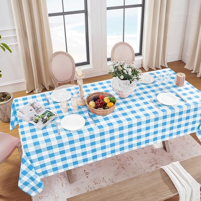 Softalker Gingham Checkered Tablecloth Rectangle - Outdoor Waterproof Buffalo Plaid Table Cloth, Stain Resistant Washable Table Cover for Picnic, Camping, Dining - Blue and White, 54 x 78 Inch