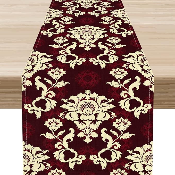 Red Damask Table Runner, Gothic Boho Baroque Style Floral Flower Antique Classic Rustic Vintage Coffee Table Center Decor for Kitchen and Dining Outdoor Home Country Party Table Decorations, 13"x90"