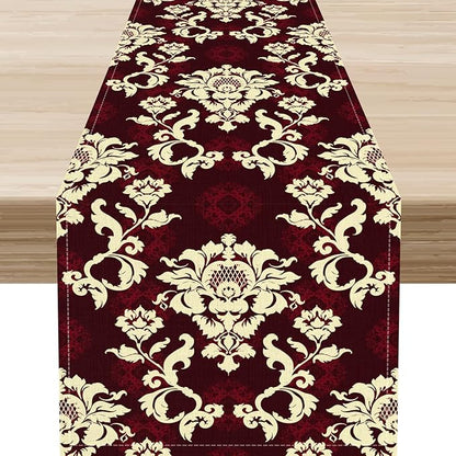 Red Damask Table Runner, Gothic Boho Baroque Style Floral Flower Antique Classic Rustic Vintage Coffee Table Center Decor for Kitchen and Dining Outdoor Home Country Party Table Decorations, 13"x90"