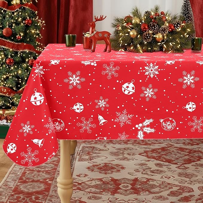 misaya Rectangle Waterproof Vinyl Table Cloth, Wipeable Tablecloth with Flannel Backing, Plastic Table Cover for Dinner, Christmas Party (Bells, 60" x 102")
