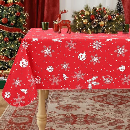 misaya Rectangle Waterproof Vinyl Table Cloth, Wipeable Tablecloth with Flannel Backing, Plastic Table Cover for Dinner, Christmas Party (Bells, 60" x 102")