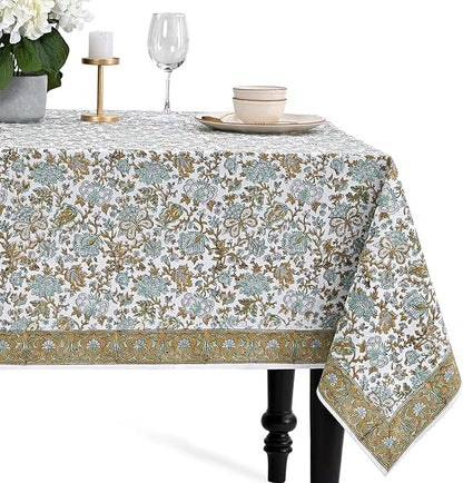 CPC Tablecloth 100% Cotton 80x120 Inch Indian Block Print Rectangle Table Cover, Blue Table Cloth for Weddings, Spring/Summer, Barbeque -Harvest Bloom