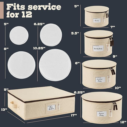 China Storage Hard Shell Containers 5-Piece Set Moving Boxes for Dinnerware, Glasses, Plates, Mugs and Saucers Sturdy Dish Organizer with Dividers for Seasonal Storage - Service for 12 - Beige