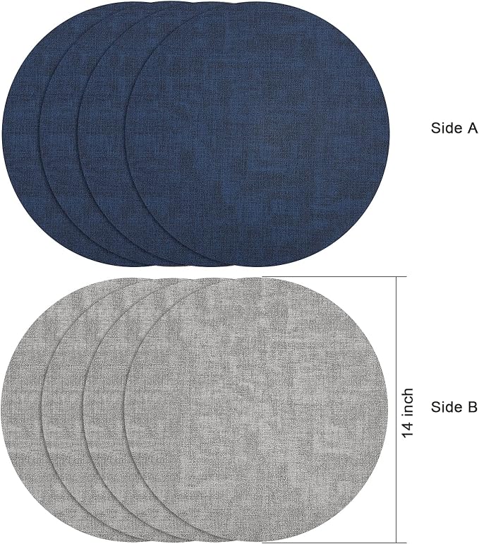 Myir JUN Round Placemats Dual Sided, Faux Leather Place Mats Set of 6 Indoor Placemat for Dining Table Outdoor Place Mat Non-Slip Washable Table Mats (Gray Blue, Set of 6)
