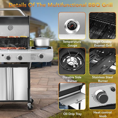 3-Burner Propane Gas Grill with Side Burner,Stainless Steel BBQ Grill with Porcelain-Enameled Cast Iron Grates,37000 BTU Barbecue Grill, Suitable for Patio,Camping,Outdoor Cooking