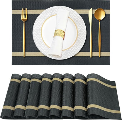 Luxurious Placemats Set of 8,Vinyl Table Place Mats Stain Resistant Foldable Placemats Washable Wipeable Placemat for Kitchen Dining Table Decoration Indoor Outdoor (Black)