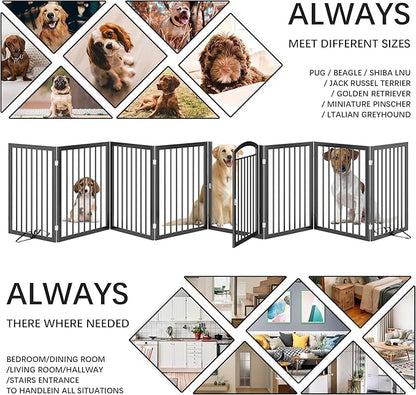 JSB 192-inch Extra Wide 30-inch Tall Dog gate with Door Walk Through,Full Matel Freestanding Round Tube Pet Gate for Halls Stairs, Puppy Safety Dog Fence with 4PCS Support Feet (Black)