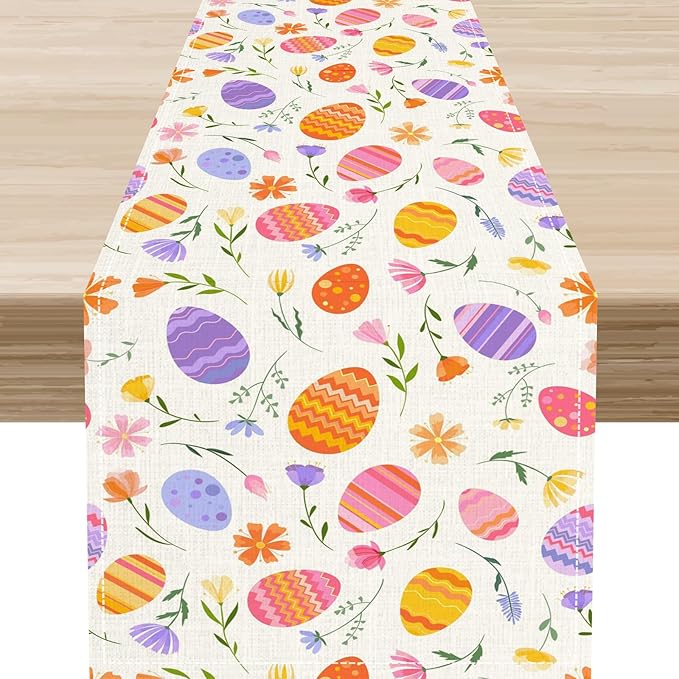 Easter Egg Table Runner,Colorful Egg Pattern Flowers Spring Summer Seasonal Table Center Decor for Family Kitchen and Living Room Outdoor Farmhouse Party Table Decorations, 13"x108"