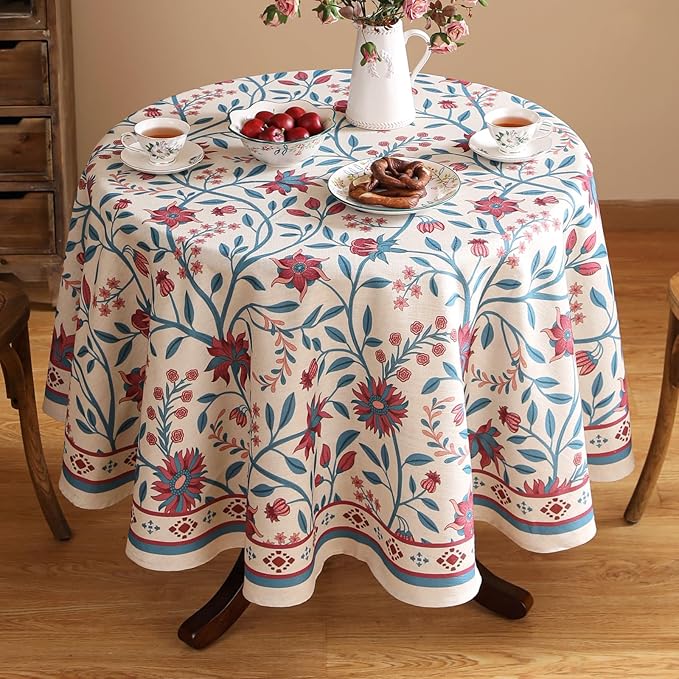 Designer Floral Linen Round Tablecloth,Vintage William Morris Wrinkle Resistant Table Cloth,Decorative Table Cover for Kitchen,Dining,Thanksgiving,Christmas,Diameter 67"-Dorodango B