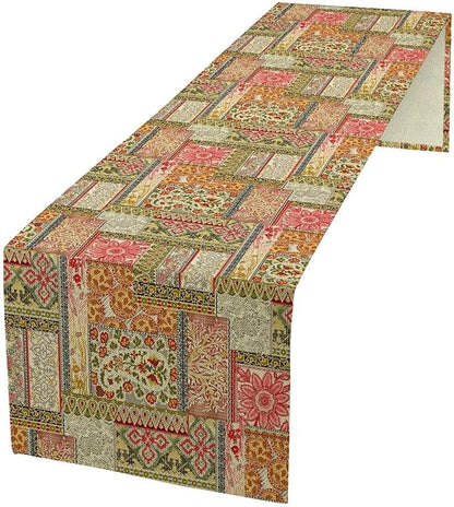 Colorful Patchwork Table Runner, Boho Floral Vintage Wildflower Rustic Paisley Design Table Runner for Dining Coffee Party Holiday Farmhouse 13x108in