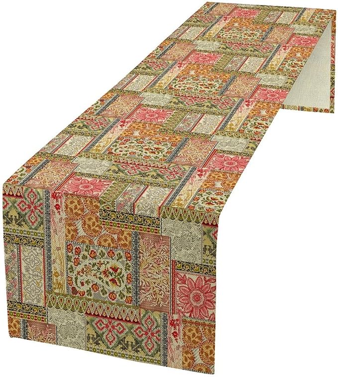 Colorful Patchwork Table Runner, Boho Floral Vintage Wildflower Rustic Paisley Design Table Runner for Dining Coffee Party Holiday Farmhouse 13x36in