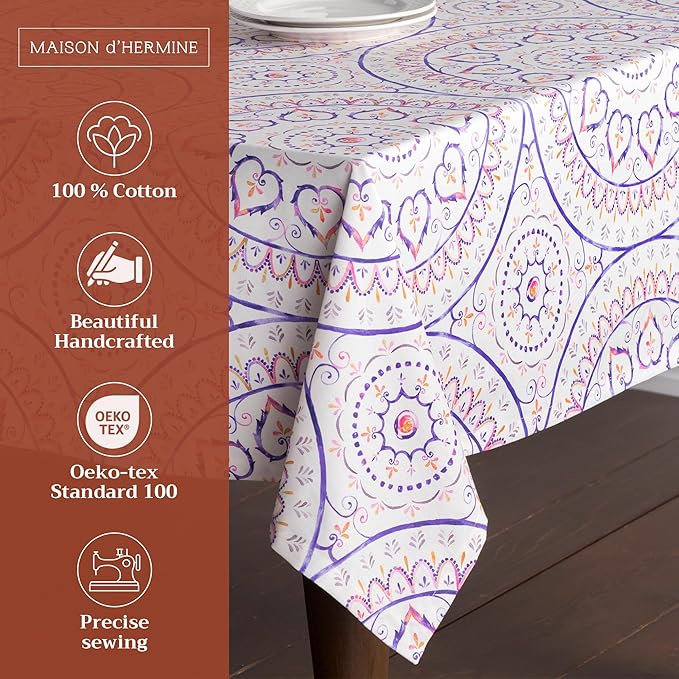 Maison d' Hermine Table Cloth Rectangle Table 100% Cotton 54 x 72 Inches Tablecloth Reusable Decorative Everyday Use for Dining Room, Farmhouse, Home, Party, Festive & Wedding Spring Summer - Mandala