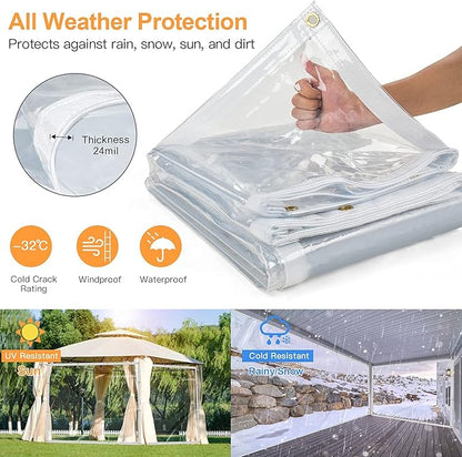 7 x 20FT Outdoor Clear Tarp Curtain Waterproof Wind-Proof 24 Mil Transparent Vinyl Tarp for Patio Pergola Garden Canopy Rainproof Anti-Tear PVC Thick Cover with Grommets