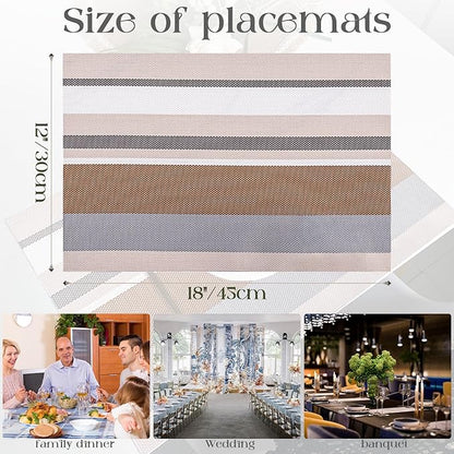 Set of 6 Colorful Striped Vinyl Placemats Heat-Resistant Washable Placemats Non-Slip Woven Table Mats Wipeable Placemat for Kitchen Dining Table Decoration Indoor Outdoor (Beige&Ivory)