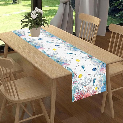 Nautical Table Runner, Summer Coastal Starfish Seahorse Seashells Coral Tropical Ocean Beach Colorful Farmhouse Coffee Table Center Decor for Home Kitchen Dining Patio Indoor Outdoor, 13"x36" Inch