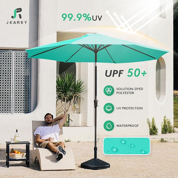 JEAREY 10 ft Outdoor Patio Umbrella w/Tilt and Crank, Auqa Sky | 8 Sturdy Ribs - Image 3