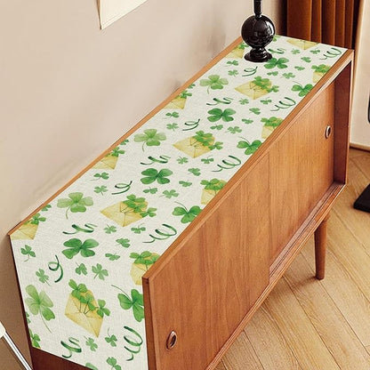 Clover Table Runner,Retro Rustic Green Shamrock Yellow Envelope Spring Seasonal Holiday St.Patrick's Day Table Center Decor for Home Kitchen Dining Holiday Party Indoor Decorations, 13"x36"