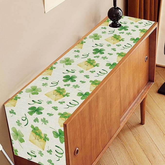 Clover Table Runner,Retro Rustic Green Shamrock Yellow Envelope Spring Seasonal Holiday St.Patrick's Day Table Center Decor for Home Kitchen Dining Holiday Party Indoor Decorations, 13"x108"