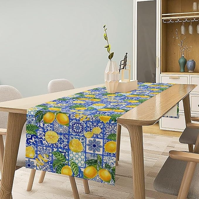 Tiles Lemon Table Runner Blue White Yellow Vintage Rustic Summer Fruit Chic Farmhouse Dining Table Decoration for Home Holiday Party Dresser Kitchen Cabin Restaurant Wedding Decor 13×120in