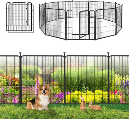 Garden Fence with Gate Metal Fencing Outdoor for Yard, 32in x28ft 12 Panels Outdoor Dog Fence Temporary Fence for Dogs Outside, Rustproof Garden Fencing Flower Bed Edging for Patio