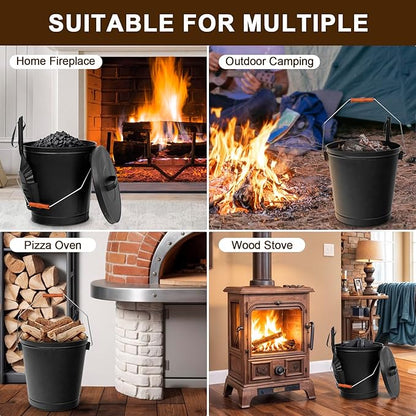 F2C 5.5 Gallon Large Ash Bucket with Lid and Shovel Fireplace Tool Set,Galvanized Metal Coal and Hot Ash Pail for Fireplace, Fire Pits, Wood Burning Stoves, Grill, Outdoor,Home Black