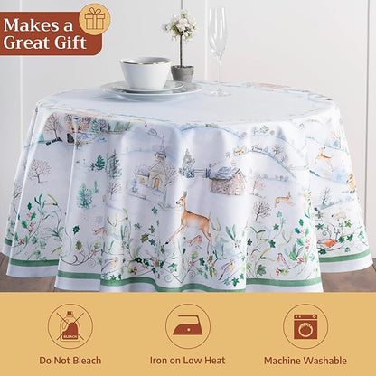 Maison d' Hermine Table Cloth Round Table 100% Cotton 63 Inches Fall Tablecloth Reusable Everyday Use for Thanksgiving Christmas Decorations Dining Farmhouse Party (Snowy World)