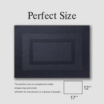 Placemats Set of 6 - Easy Clean Woven Vinyl Placemats for Dining Table, Indoor/Outdoor Place Mats, Washable PVC Table Mats（Black Cube）