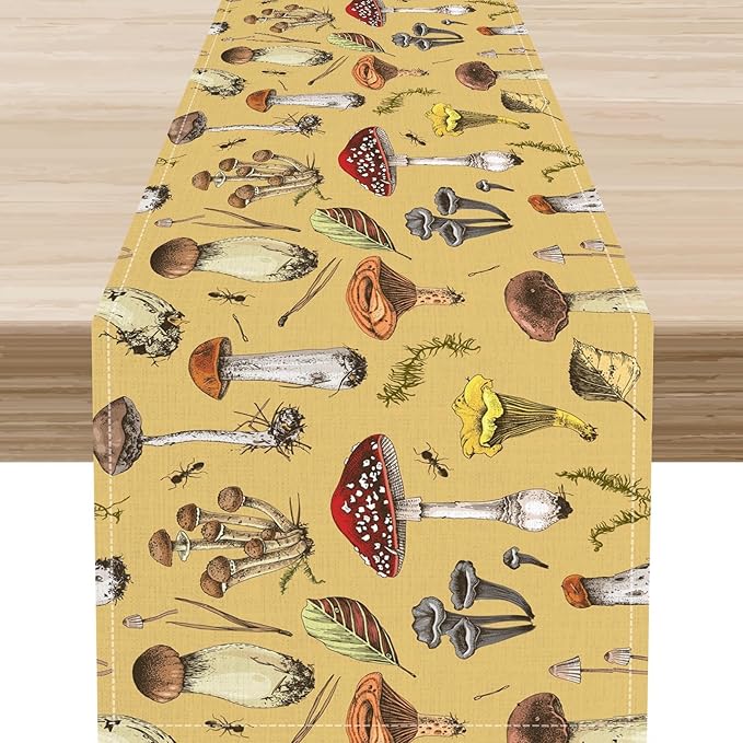 Mushroom Table Runner, Rustic Farmhouse Mushroom Fall Autumn Seasonal Country Coffee Table Center Decor for Home Kitchen Dining Patio Holiday Party Indoor Outdoor Table Decorations, 13"x36" Inch