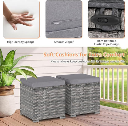 Tangkula 2 Pieces Patio Ottomans, Patiojoy Hand-Woven PE Rattan Side Table with Removable Cushion & Hidden Storage Space, Multifunctional Storage Box, Seat for Patio, Backyard, Poolside (Light Grey)