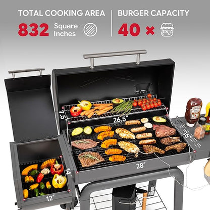 30-Inch Heavy-Duty Charcoal Grill with Digital Temperature Control & 2 Meat Probes, Outdoor BBQ Grill with Offset Smoker, 832 Sq. In. Cooking Space for Backyard BBQ, Black & Grey