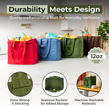 VeraMia Canvas Grocery Bag 3pc XL Set with Real Pockets, Long Shoulder Strap and Short Handle. Heavy Duty, Foldable, Washable