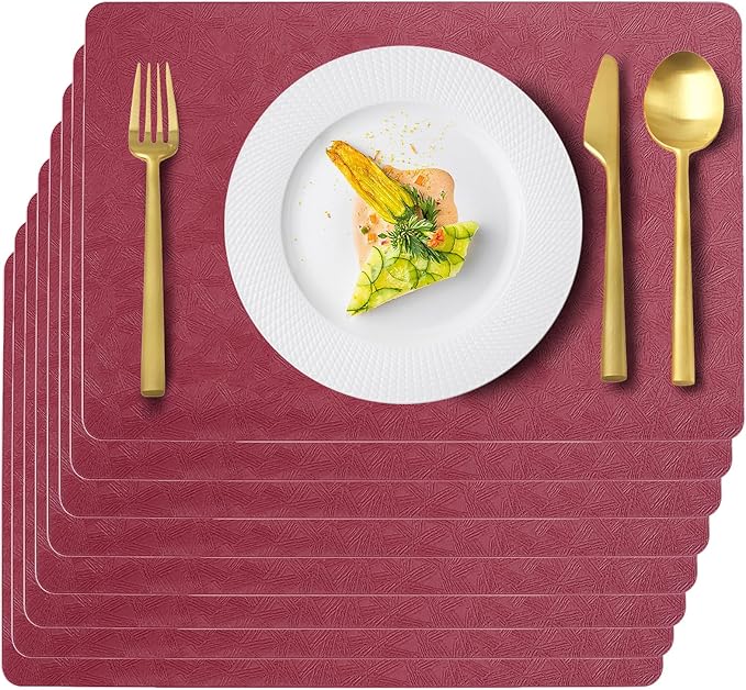 Vinyl Placemats Set of 6 Faux Leather 100% Waterproof Wipeable Washable Place Mats Heat Resistant Easy Clean Non-Slip Table Mats for Indoor Outdoor. (6,Red)