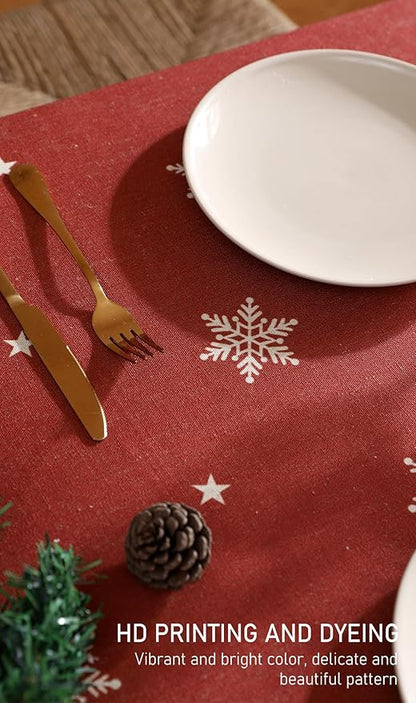 ISAENNE Designer Christmas Red Small Rectangular Tablecloth,Linen Table Cloth with Snowflakes Pattern,Wrinkle Resistant Decor Tablecloths for Dining Kitchen Thanksgiving Christmas,55"*71"-Carol C