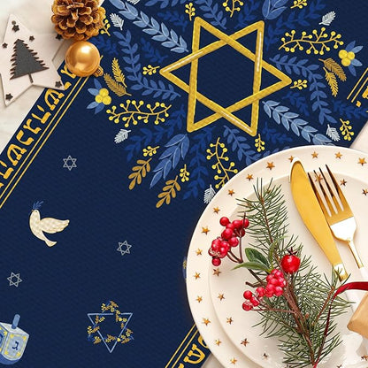 Hanukkah Burlap Table Runner Seasonal Kitchen Dining Linen Table Decoration for Indoor Outdoor Home Party Dinner 13x72 Inch