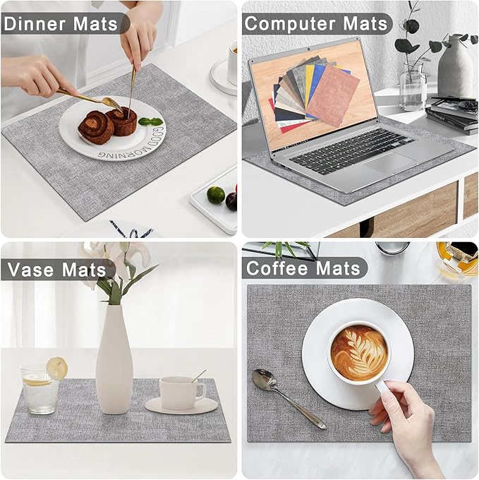 Homaxy Faux Leather Heat Resistant Placemats for Dining Table Set of 8, Waterproof Wipeable Washable PU Table Mats, Easy to Clean Anti-Slip Place Mats, 11.8" x 17", Light Grey