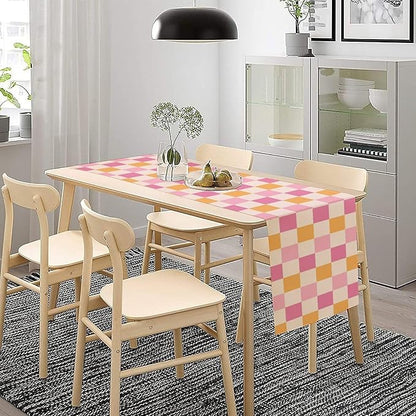 Pink Checkered Table Runner, Vintage 70s Abstract Cute Modern Hippie Table Runner for Party Kitchen Dining Home Outdoor 13x120in