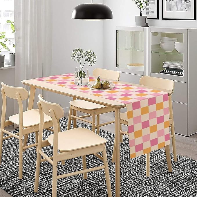 Pink Checkered Table Runner, Vintage 70s Abstract Cute Modern Hippie Table Runner for Party Kitchen Dining Home Outdoor 13x90in