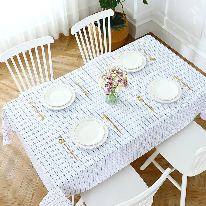 Romanstile Rectangle Vinyl Tablecloth, 100% Waterproof Oil-Proof Checkered Plastic Table Cloth, Heavy Duty Wipeable Table Covers for Dining, Camping, Picnic, Outdoor - 52 x 70 Inch, White