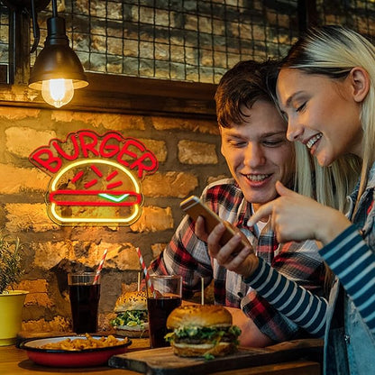 JFLLamp BURGER Neon Signs for Wall Decor Neon Lights for Bedroom Led Business Signs Suitable for Hamburger Restaurant Office Man Cave Beer Bar Pub 5V Power Adapter, 14.1 * 10 Inch(Red+ Warm White)