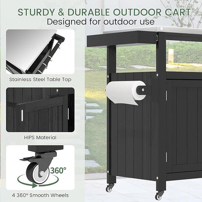 Weatherproof HIPS Outdoor Kitchen Island with Stainless Steel Top & Storage Cabinet, Movable Prep Table with Wheels for BBQ Food Prep, Outdoor Grill Cart for Parties, Black