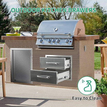 Outdoor Kitchen Drawers 18" W x 15" H x 23" D Stainless Steel Double Drawers with Ergonomic Handle for BBQ Island, Patio Grill Station & Outdoor Kitchen Cabinets