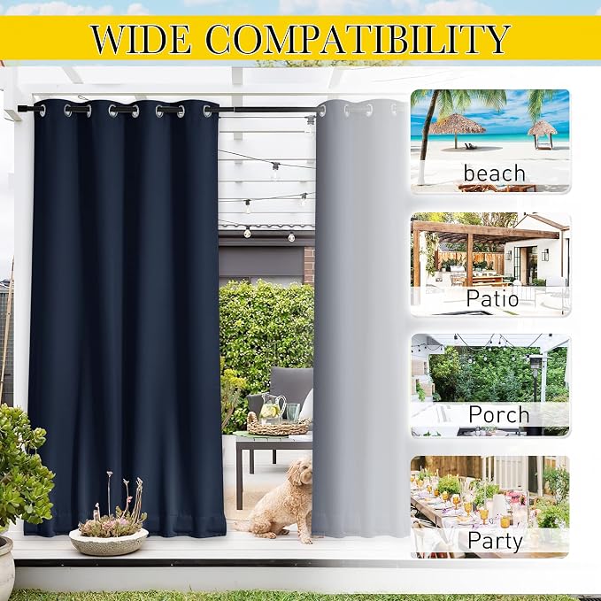 NICETOWN 2 Panels Outdoor Curtains Waterproof Extra Long W52xL108 Navy | - Image 8